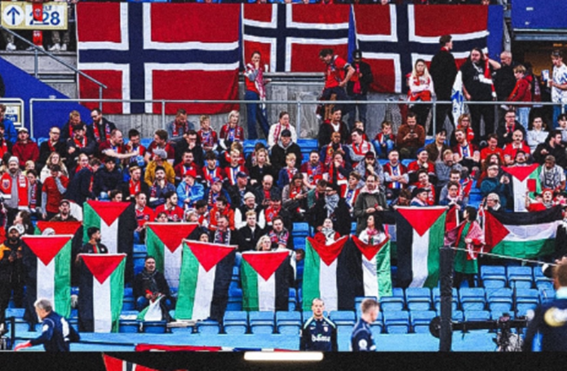 مشجعون يرفعون علم فلسطين خلال مباراة النرويج وإسرائيل